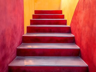 Poster - Abstract staircase with contrasting red and yellow walls creating a vibrant visual