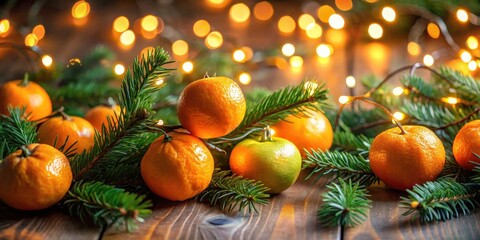 Aufkleber - A Festive Arrangement of Citrus Fruits and Evergreen Branches Adorned with Warm String Lights on a Rustic Wooden Surface