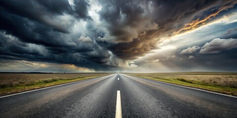 Poster - Asphalt highway stretching towards a dramatic sky, dark storm clouds above, light breaks through