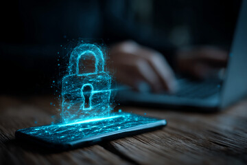 Poster - Digital padlock icon above smartphone, representing online security, data protection, and cyber safety concepts