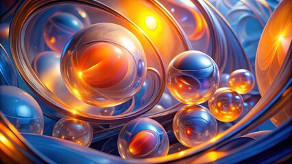 Poster - Abstract Sphere Symphony Intertwined Orbits of Luminous Glass Spheres in a Dynamic, Vibrant Composition