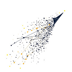 Poster - Abstract vector paper airplane with interconnected geometric lines and scattered dots in minimalist white background design for flight concept or technology theme illustration