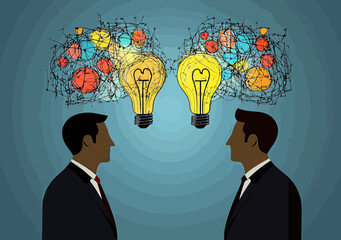 Poster - Two businessmen facing each other with glowing light bulbs and colorful network connections symbolizing idea sharing collaboration communication and innovation concept flat vector