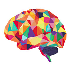 Poster - Colorful polygonal brain illustration with geometric shapes and vibrant abstract facets representing creativity and intelligence in flat vector style