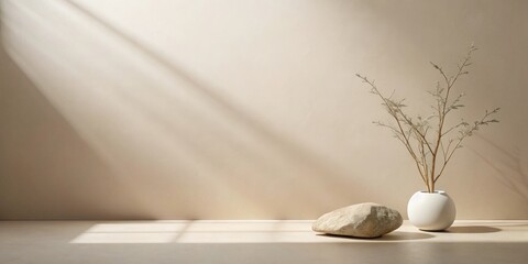 Aufkleber - Serene Minimalist Still Life  Sunlight Illuminates a Smooth Stone and Dried Branches in a Simple White Vase against a Neutral Background