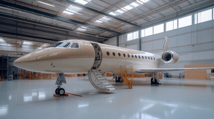 Fototapete - A sleek business jet is situated in a modern hangar, highlighting meticulous inspection and preparation processes important for aviation engineering standards and safety.