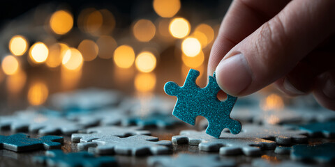 Poster - Close-up of a hand placing a teal glitter jigsaw piece, against a blurred background of warm lights, showcasing problem-solving and completion concepts