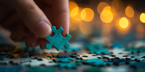 Poster - close-up of hand placing teal puzzle piece, blurred background with warm bokeh lights, showcasing pr