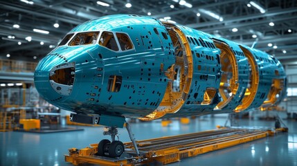 Aufkleber - A detailed view of an aircraft fuselage under assembly in a cutting edge aerospace manufacturing facility. Workers are engaged in metal fabrication and structural assembly.