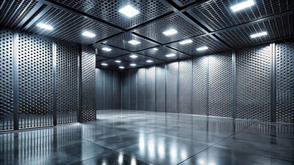 Poster - Modern Industrial Interior Space with Metal Walls and Ceiling, Illuminated by Recessed Lighting