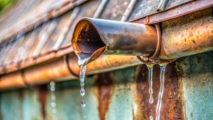 Poster - Rusty downspout with dripping water, showcasing the effects of weathering and time on metal