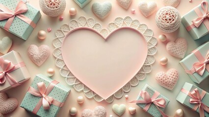 Poster - Romantic Pastel Heart-Shaped Frame with Gift Boxes and Decorative Hearts