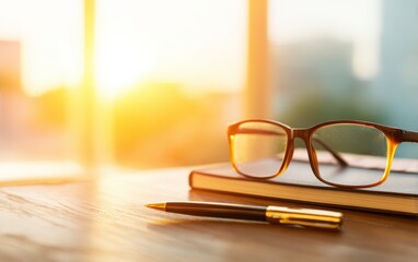 Poster - A pair of glasses resting on a notebook with a pen, illuminated by warm sunlight indoors
