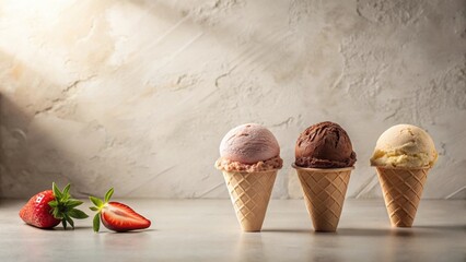 Poster - A trio of delectable ice cream scoops in waffle cones, presented against a textured backdrop, complemented by fresh strawberries.