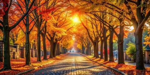 Aufkleber - Golden Autumn Sunbeams Illuminate a Cobblestone Lane Lined with Vibrant Fall Foliage