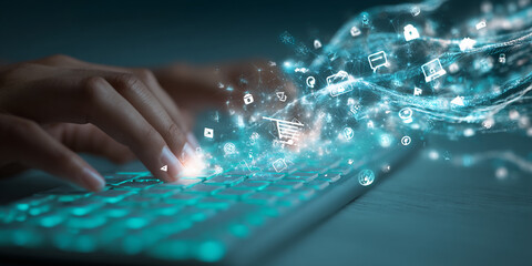 Poster - Close-up of hands typing on glowing keyboard, digital icons emanating, symbolizing online shopping, e-commerce, and digital technology