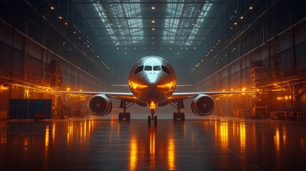 Fototapete - An aircraft is positioned in a large, dimly lit hangar where warm lights illuminate the structure. Workers conduct final preparations and inspections before takeoff.