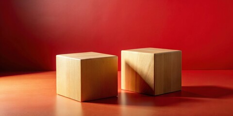 Poster - Two light wooden blocks on a red surface against a red background.  A simple, clean product display setting.