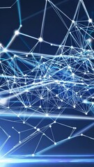 Poster - White lines and dots forming a plexus network are transforming and evolving on a dark blue background, creating a dynamic and complex structure resembling a digital landscape