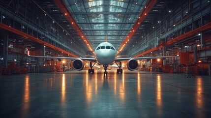 Fototapete - An aircraft is positioned inside a spacious aviation engineering facility, with bright overhead lights illuminating the area. Workers are visible, focused on maintenance tasks.