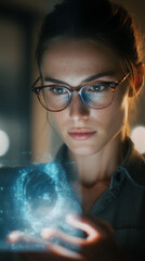 Poster - Close-up of woman with glasses interacting with a holographic projection, showcasing technological innovation and futuristic interaction