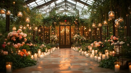 Aufkleber - A serene indoor garden is adorned with blooming flowers in various colors, illuminated by warm candlelight in glass holders, creating a romantic atmosphere during the evening.