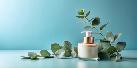 Aufkleber - Elegant cosmetic container with pump dispenser nestled amidst vibrant green foliage on a serene aqua background