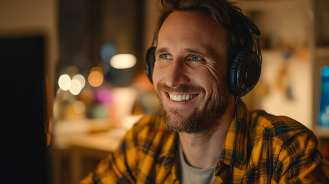 Smiling man wearing headphones, focused on computer screen in dimly lit room, conveying joy and concentration, ideal for technology or lifestyle concepts