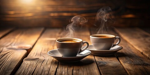 Aufkleber - Aromatic Steam Rising from Two Cups of Coffee on Rustic Wooden Table