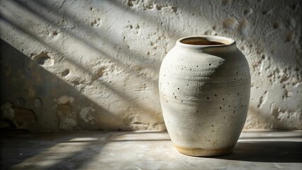 Aufkleber - A rustic ceramic vase sits on a sun-dappled surface against a textured wall, casting shadows that accentuate its form and the aged beauty of the background.