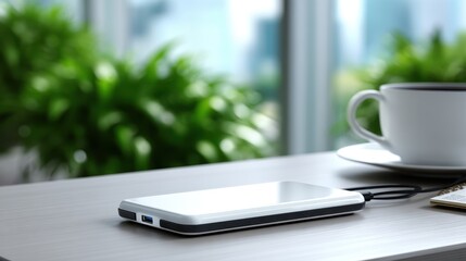 Poster - Modern workspace with a smartphone charger, coffee cup, and greenery in the background
