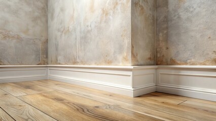 Poster - White baseboard molding in corner against textured wall with light wood flooring