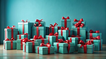 Poster - A Festive Collection of Teal Presents with Crimson Ribbons on Wooden Surface