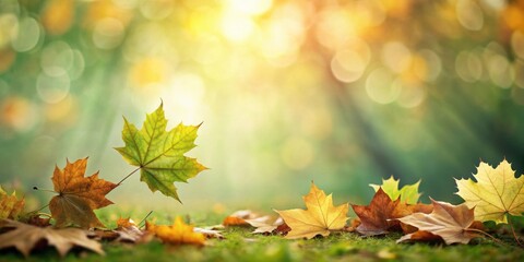 Poster - Serene Autumnal Scene Golden and Green Maple Leaves Resting on Lush Ground with Soft Sunlight Filtering Through the Trees