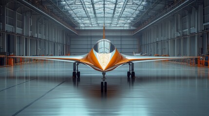 Poster - A futuristic aircraft stands prominently in a large, well lit hangar. The design reflects breakthrough aerospace engineering with a smooth, aerodynamic shape.