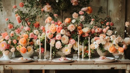 Poster - A beautifully arranged table features a variety of roses in shades of pink, peach, and white alongside elegant candles and delicately set diningware, creating a charming atmosphere.