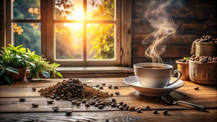 Poster - Morning Coffee Aroma A Rustic Window Setting with Steaming Cup and Coffee Beans