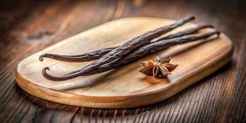 Aufkleber - Aromatic Vanilla Beans and Star Anise on Rustic Wooden Board