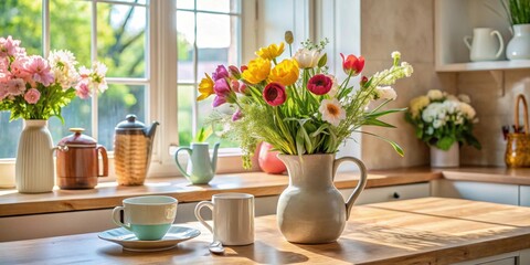 Fototapete - A vibrant spring bouquet in a rustic pitcher graces a sunlit kitchen counter, accompanied by teacups and the gentle glow of morning light streaming through a nearby window.