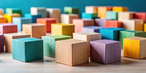 Poster - A Collection of Colorful Wooden Cubes Arranged in a Creative Formation on a Light Wooden Surface