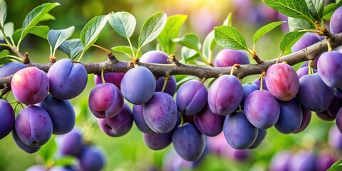 Poster - Ripe plums hanging from a branch, bathed in sunlight, showcasing their vibrant purple hues and natural sweetness
