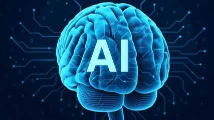 Poster - Glowing blue human brain rotating against digital circuit board, symbolizing artificial intelligence, neural connectivity, and advanced technological innovation in cognitive processing