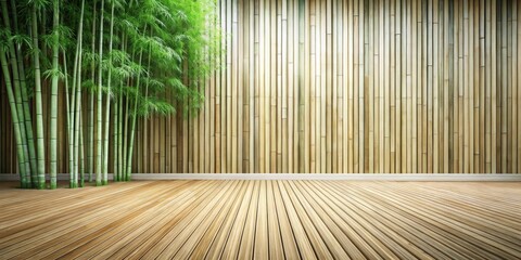 Aufkleber - Serene interior design featuring a bamboo wall and wooden floor, ideal for relaxation and peaceful atmosphere