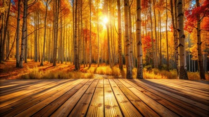 Poster - Golden Hour Serenity A Wooden Deck Overlooking a Sunlit Autumn Forest of Vibrant Yellow and Red Trees