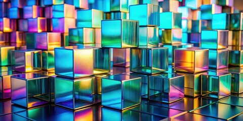 Leinwandbilder - Abstract iridescent cube arrangement, reflecting vibrant colors and shimmering surfaces, creating a visually captivating and dynamic display of geometric shapes