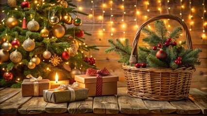 Aufkleber - A Festive Christmas Scene with Presents, Ornaments, and a Basket of Evergreen