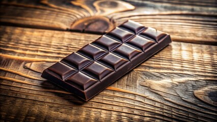 Poster - A delectable dark chocolate bar rests on a rustic wooden surface, showcasing its rich, smooth texture and tempting squares.