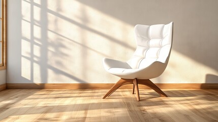 Poster - Light streams through window onto a stylish white armchair in a bright and modern living room space.