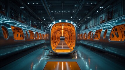 Poster - The interior of a modern aerospace manufacturing facility displays a partially completed fuselage module, highlighting high tech engineering and construction processes in aviation.