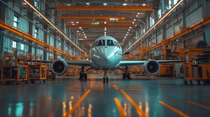 Poster - An advanced aircraft stands at the center of a large assembly plant, surrounded by engineering tools and construction materials, highlighting modern techniques in aerospace manufacturing.